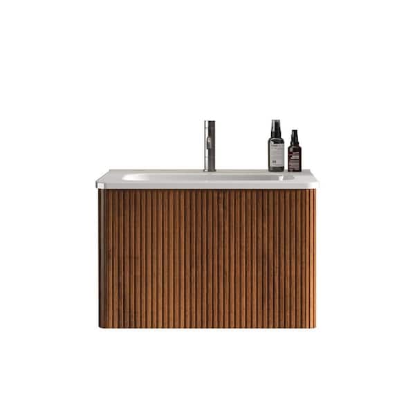 Unbranded 24 in. Wall-Mounted Bathroom Vanity with White Resin Sink and Push Open Cabinet Drawer in White&Walnut