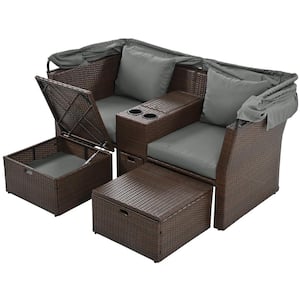 Modern Wicker Outdoor Loveseat Double Daybed with Gray Cushions and Foldable Awning