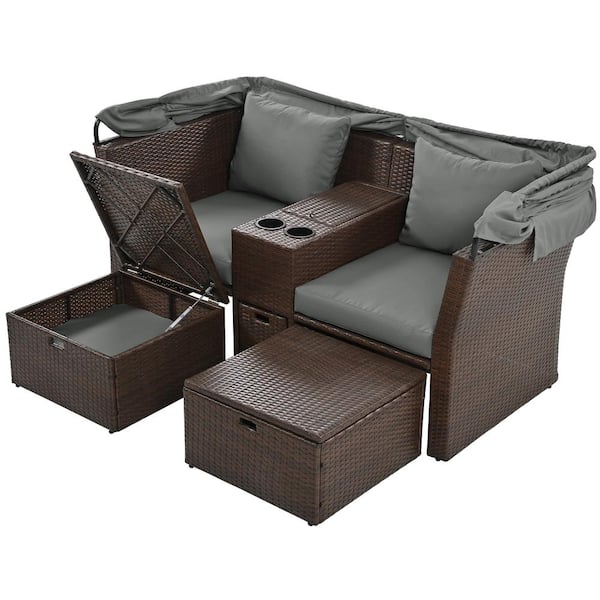 Cesicia Modern Wicker Outdoor Loveseat Double Daybed with Gray Cushions and Foldable Awning