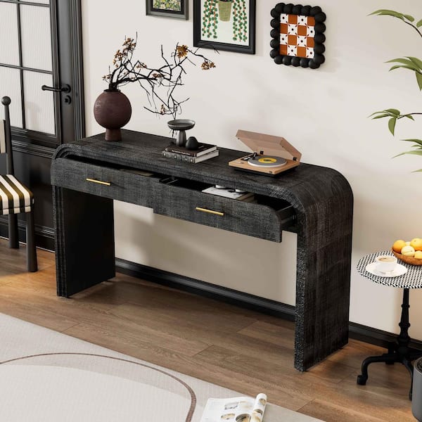 Polibi Unique Retro 59.05 in. Antique Black Rectangle Wood Console Table with Open Style, 2 Top Drawers for Living Room