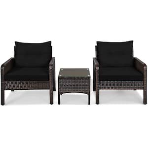 3-Pieces Wicker Patio Conversation Set with Black Cushions