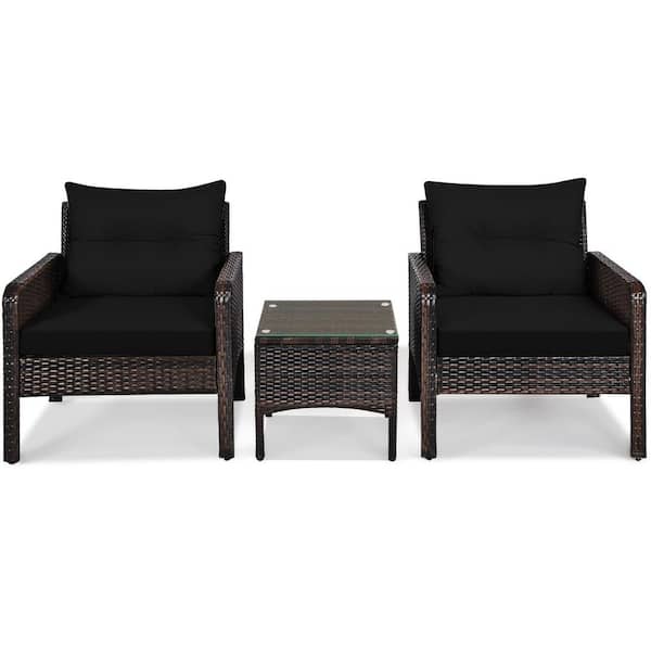 WELLFOR 3-Pieces Wicker Patio Conversation Set with Black Cushions