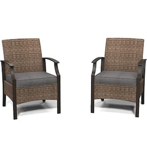 3-Piece Wicker Patio Conversation Set Outdoor Sectional Seating Side Table Set with Grey Cushions