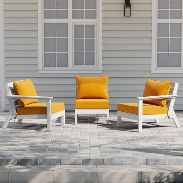 Birchwood White Arrangeable 3-Piece HDPE Deep Seating Outdoor Patio Conversation Sofa Arm Chair Set w/ Yellow Cushions