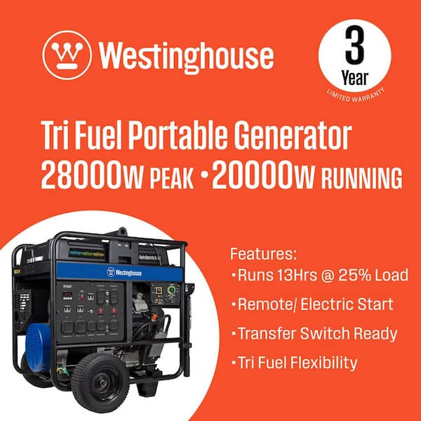 28,000/20,000-Watt Tri-Fuel Gas, Propane, Natural Gas Powered Portable Generator with Remote Electric Start