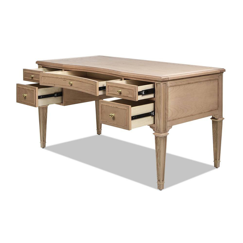 Natural Brown Wood Executive Desk with Gold Accents and Drawers