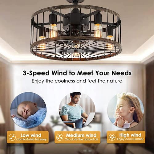 20 in. Indoor Black Modern Farmhouse Ceiling Fan with Light, Drum Cage Ceiling Fan with Remote for Bedroom Lighting