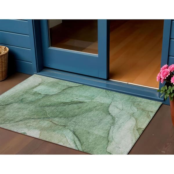 Green, Sage 3 ft. x 5 ft. Woven Abstract Polyester Rectangle Indoor/Outdoor Area Rug