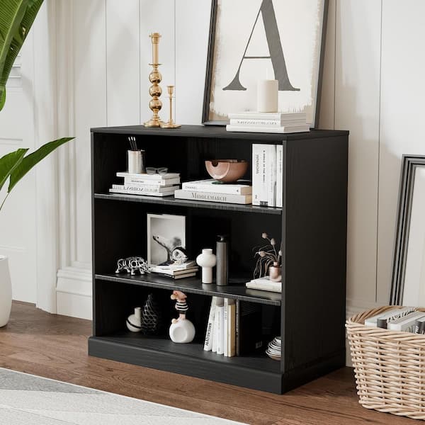 31 in. Tall Black Wood Grain Wood 2-Shelf Open Bookcase with Storage