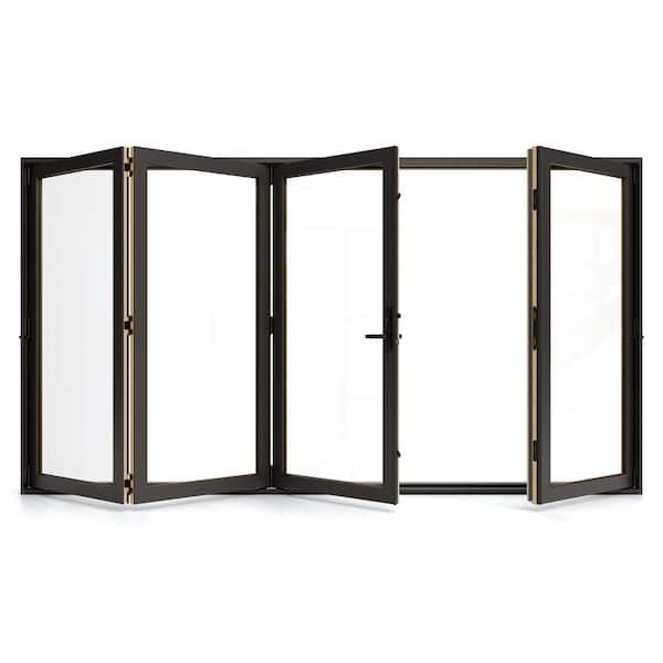 JELD-WEN W5500 124 in. x 80 in. Bronze Right Hand/Outswing Aluminum Clad Wood 4-Panel Prehung Folding Patio Door
