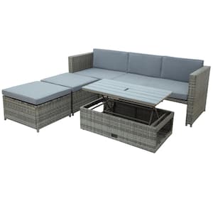 4-Piece Wicker Patio Outdoor Sectional Set with Retractable Table and Gray Cushions