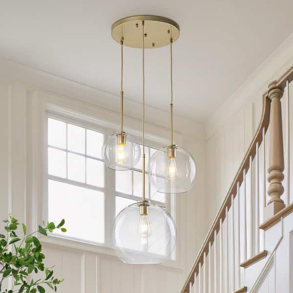 HUOKU 3-Light 21.1 in.W Paint Gold Clear Glass Globe Cluster
