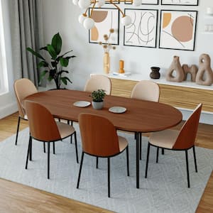 Tule 7 Piece Dining Set in Steel with 6 Leather Seat Dining Chairs and 71 in. Oval Dining Table, Walnut/Light Brown