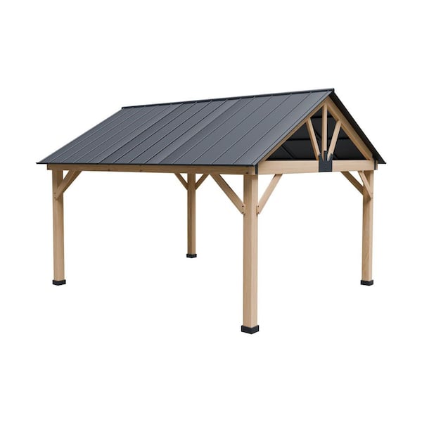 Sudzendf 11 ft. x 13 ft. Natural Wood/Black Hardtop Gazebo, Steel Peak Roof and Ceiling Hook