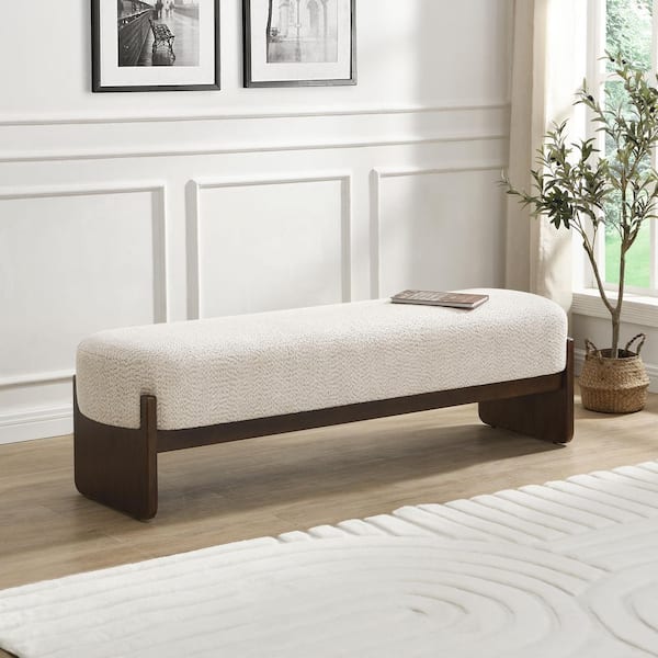 64 in. W Beige Loop Yarn Fabric Rectangle Ottoman with Solid Wood Legs