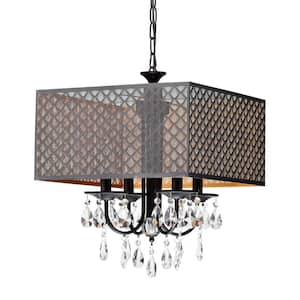 Aneji 4-Light Matte Black/Gold Crystal Chandelier with 16 in. Metal Shade