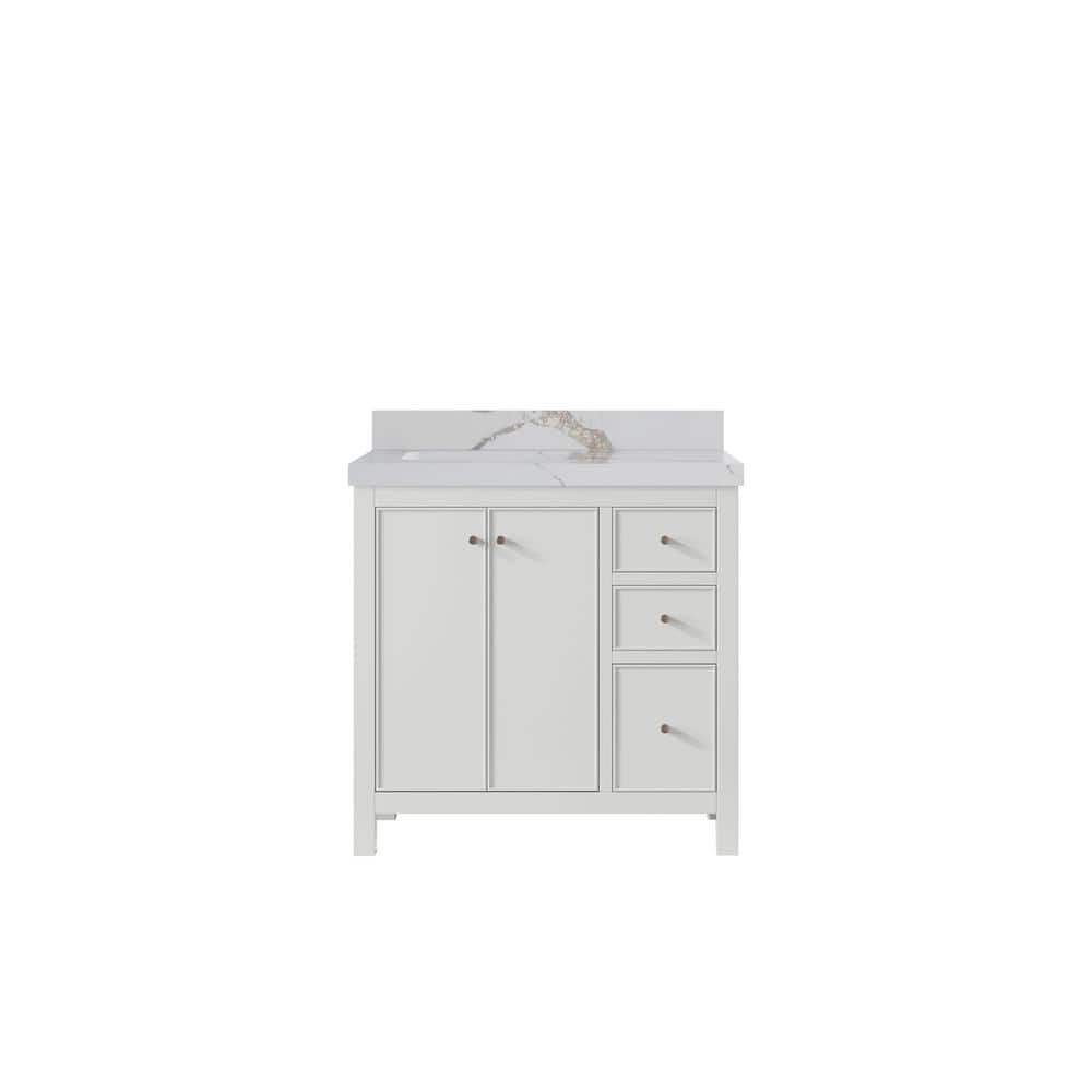 Chicago 36 in. Left Offset Sink Freestanding White Bath Vanity with Calacatta Gold Qt. Top Unassembled price history on PriceWatchPro