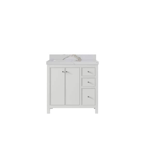 Willow Collections Chicago 36 in. Left Offset Sink Freestanding White Bath Vanity with Calacatta Gold Qt. Top Unassembled