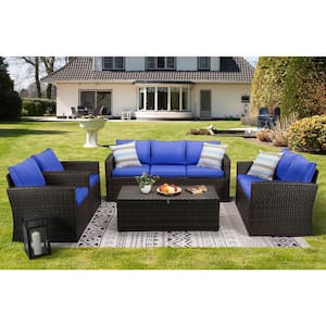 5-Piece Brown Wicker Outdoor Patio Conversation Furniture Set with Blue Cushions