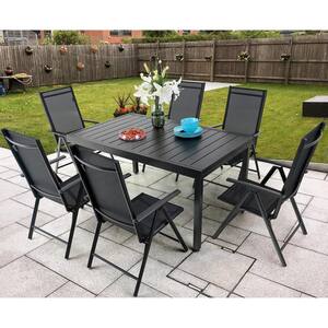 7-Piece Black Metal Patio Outdoor Dining Set with Extendable Table and Black Folding Reclining Sling Chairs