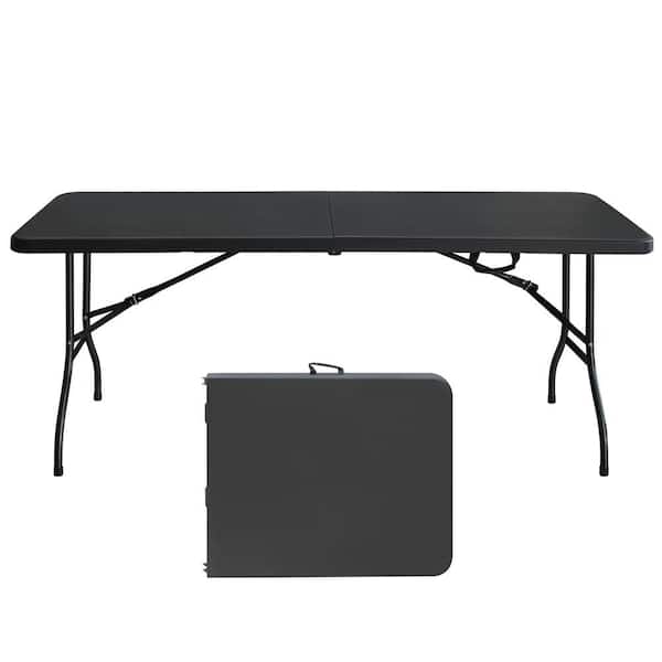Unbranded Folding Camping Table, 71 in. Black Rectangle Steel High Load Bearing Fold Up Table Outdoor Portable Picnic Table