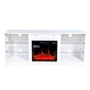 57.8 in. Freestanding Electric Fireplace TV Stand with 18 in Heater, Adjustable Glass Shelves, Storage Cabinets in White