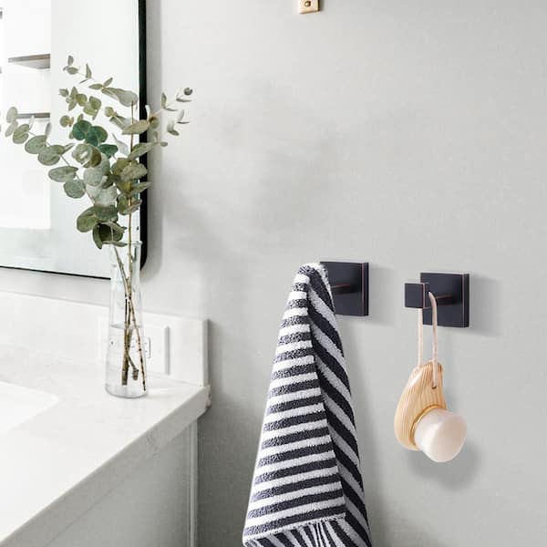 Square Stainless Steel Bath Hardware Accessory Wall Mount J-Hook Robe/Towel Hook in Oil Rubbed Bronze (4-Pack)