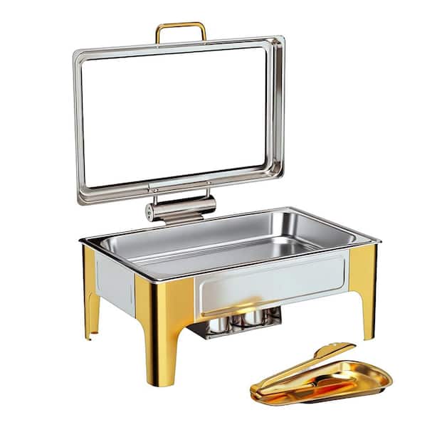 9 qt. Rectangular Silver & Gold Stainless Steel Chafing Dish Buffet Set with Serving Tong