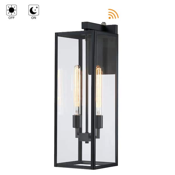 Hukoro Martin 25 in. 2-Light Matte Black Hardwired Outdoor Wall Lantern Sconce with Dusk to Dawn