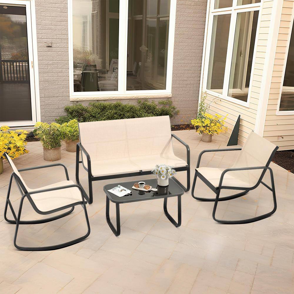 Khaki and Black Iron 4-Piece Patio Bistro Set with Glass Table