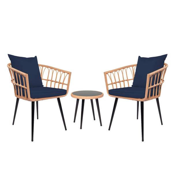 Unbranded 3 Piece PE Rattan Metal Patio Conversation Set with Dark Blue Cushions, Coffee Table for Garden, Backyard, Balcony