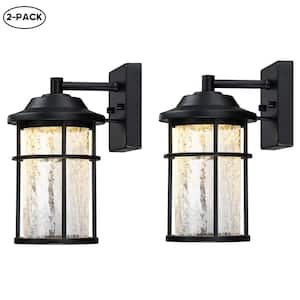 Martin Matte Black Integrated LED Outdoor Wall Lantern Sconce with Crackle Glass Shade, 2700K 900 Lumens(2-Pack)