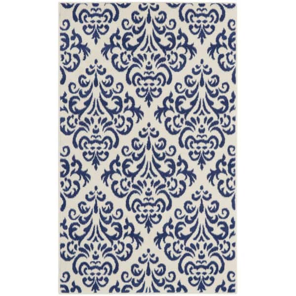 Nourison Grafix White/Blue 3 ft. x 5 ft. Persian Geometric Transitional Kitchen Area Rug