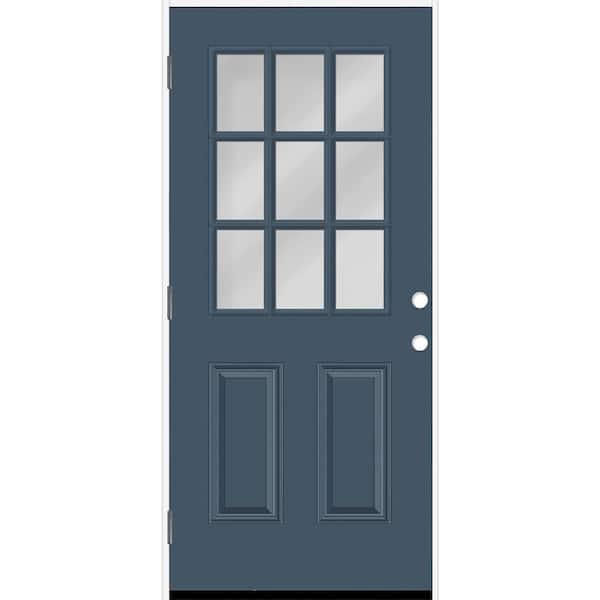Steves & Sons Reliant 36 in. x 80 in. 2P HalfLite 9L SDL Clear Glass RHOS DarkDenim Finish Fiberglass Prehung Front Door w/4-9/16 Jamb