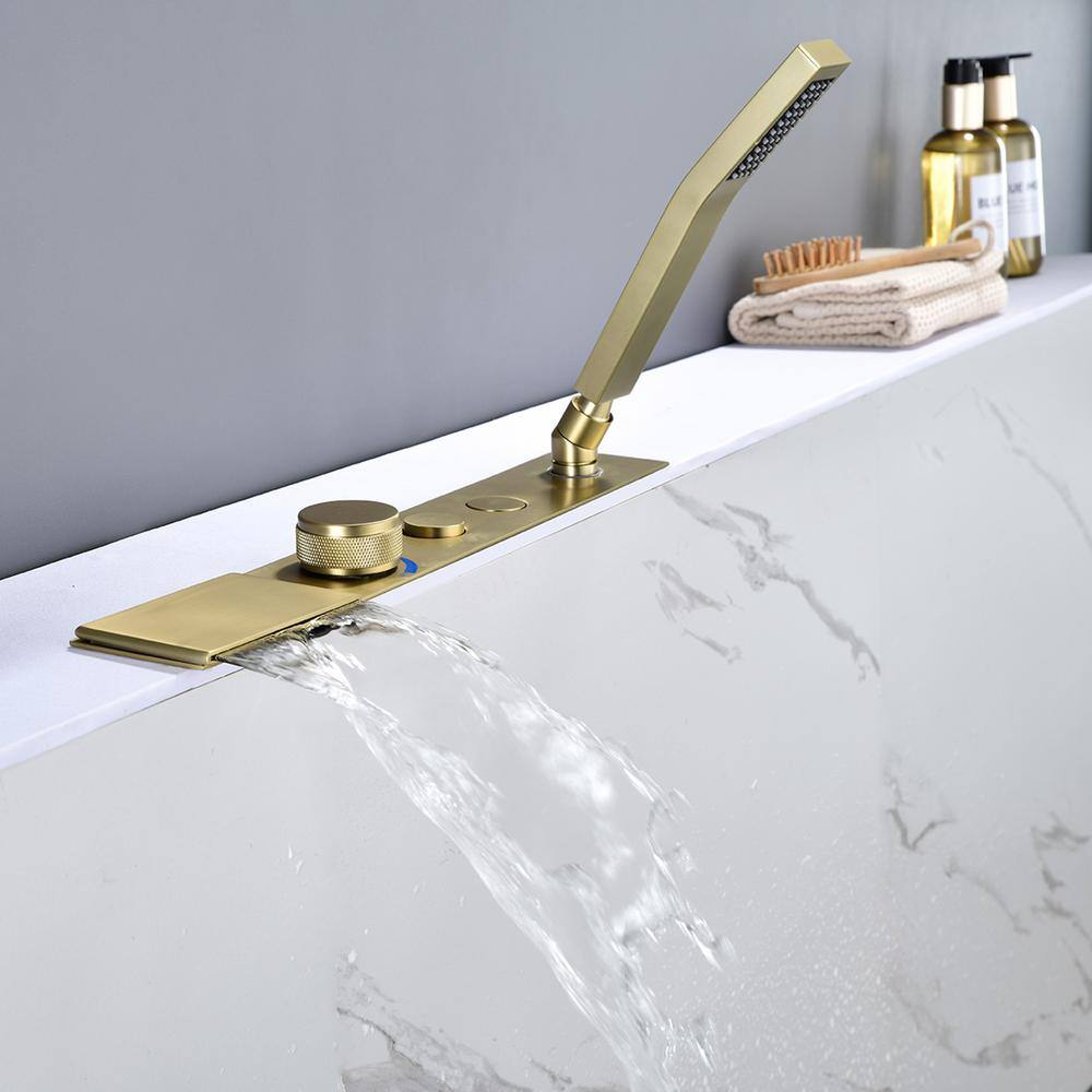 Brushed Gold Single Handle Waterfall Tub Faucet with Hand Shower