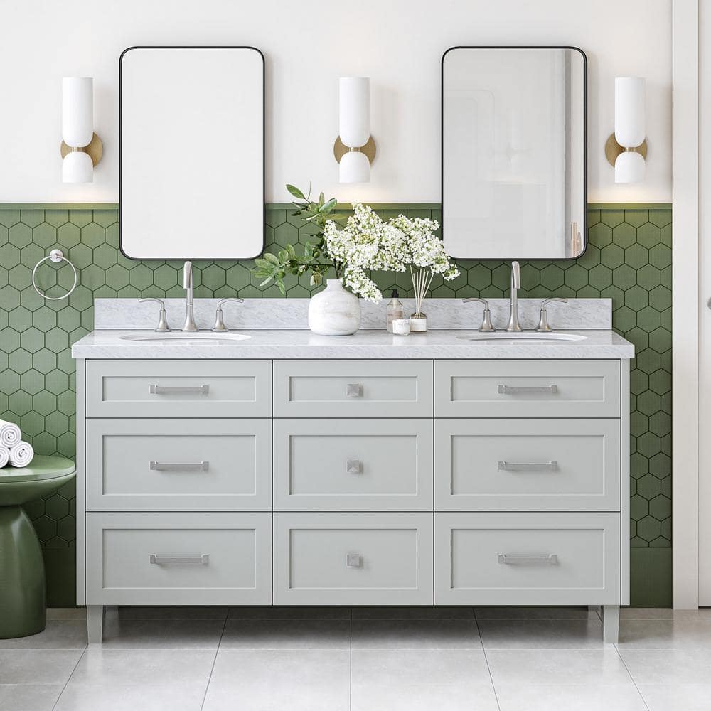 Monroe 66 in. Double Sink Freestanding Bathroom Vanity in Gray with Carrara White Marble Top price history on PriceWatchPro