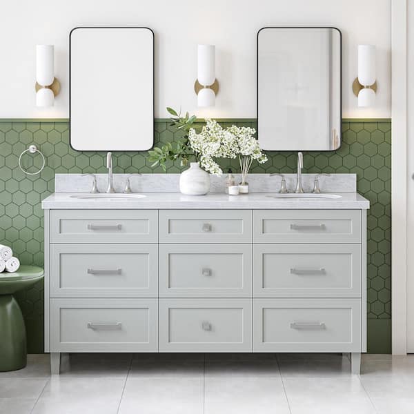 Monroe 66 in. Double Sink Freestanding Bathroom Vanity in Gray with Carrara White Marble Top