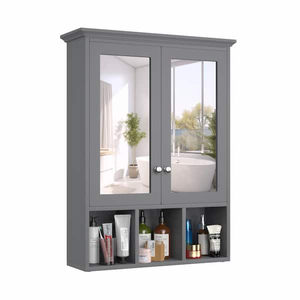 23.6 in. W x 7.5 in. D x 30.4 in. H Oversized Bathroom Storage Wall Cabinet with Adjustable Shelves and Mirror, Gray