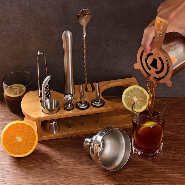 Numhew 24 oz. Silver Stainless Steel 12-Piece Bar Tool Kit Cocktail Shaker Set with Bamboo Stand and Practical Bar Accessories