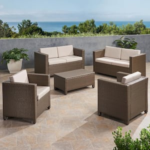 Puerta Brown 5-Piece Plastic Patio Conversation Seating Set with Ceramic Grey Cushions