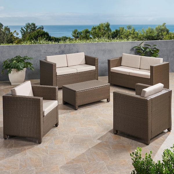Noble House Puerta Brown 5-Piece Plastic Patio Conversation Seating Set with Ceramic Grey Cushions