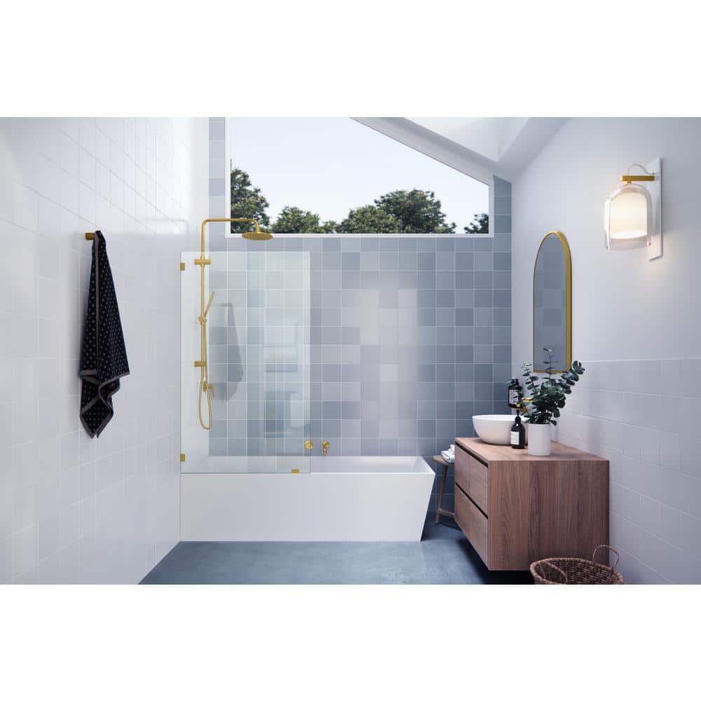 Satin Brass Frameless Fixed Panel Bathtub Door, 34" x 58.25"