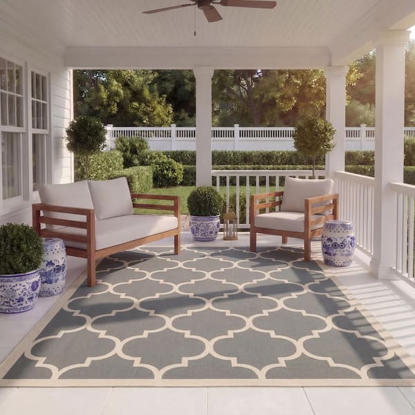 Courtyard Anthracite/Beige 8 ft. x 11 ft. Geometric Indoor/Outdoor Patio Area Rug