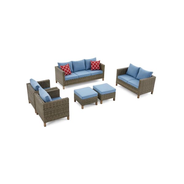 6-Piece Wicker Patio Conversation Set with Blue Cushions