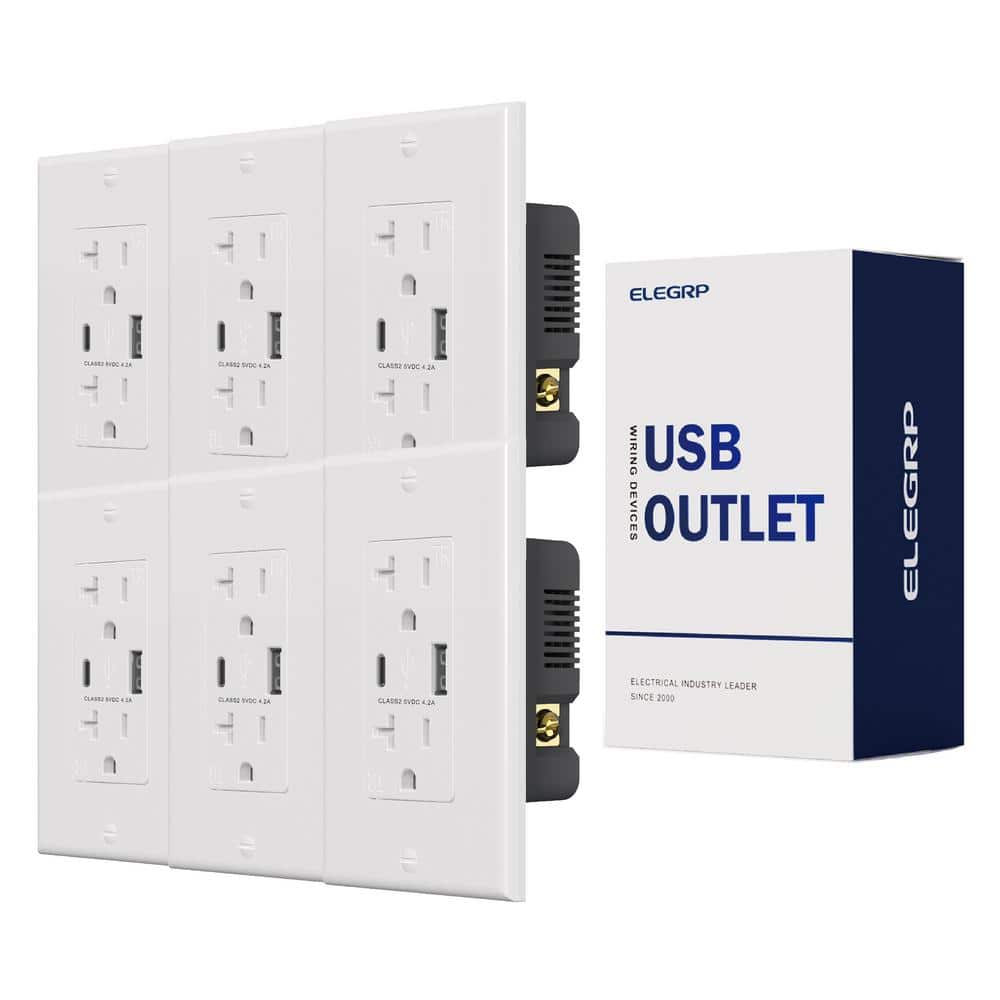 Black and White 21W USB Wall Outlet with Type A and Type C Ports, 6 Pack
