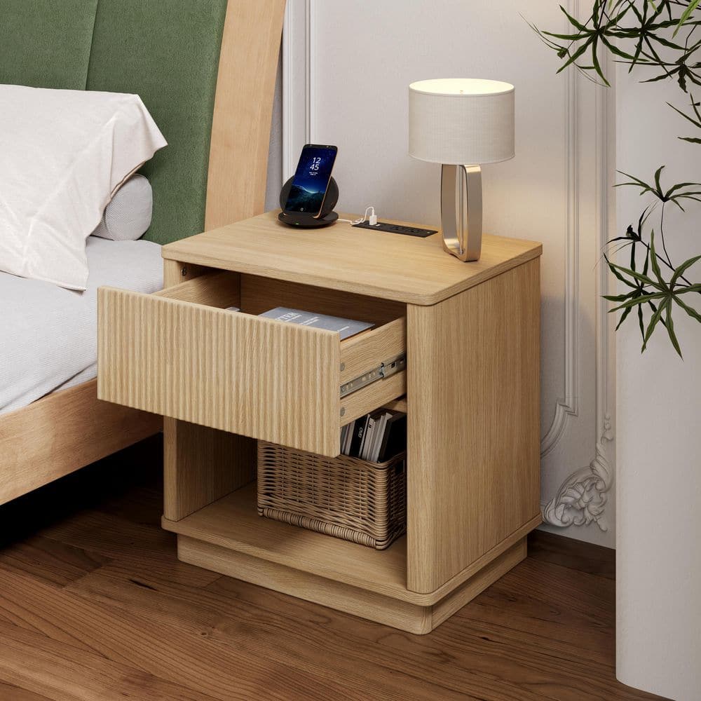 Natural One Drawer Nightstand with Outlet and USB Port