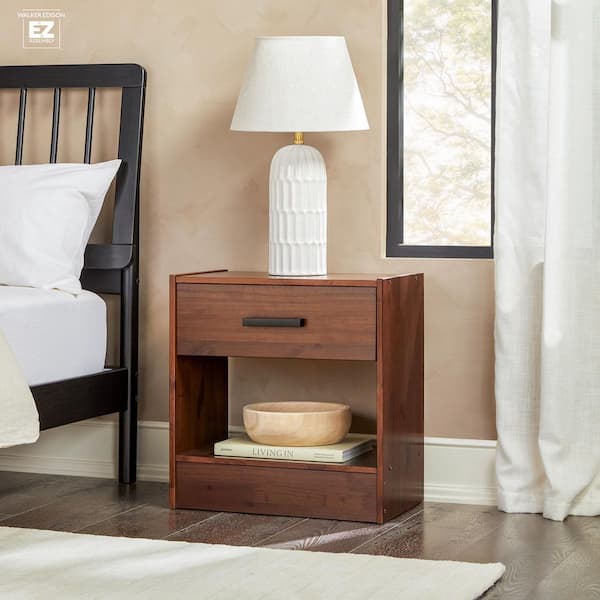 Modern Easy Assembly Walnut Solid Wood 1-Drawer 22 in. W Nightstand with Handle