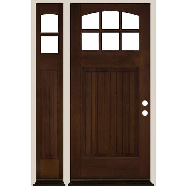 Krosswood Doors 50 in. x 80 in. V-Groove Arched 6-Lite Clear Glass Provincial Stain Left Hand Hemlock Wood Prehung Front Door w/LSL