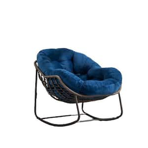 Brown Steel Metal Rattan Outdoor Rocking Chair with Blue Padded Cushion for Front Porch Patio