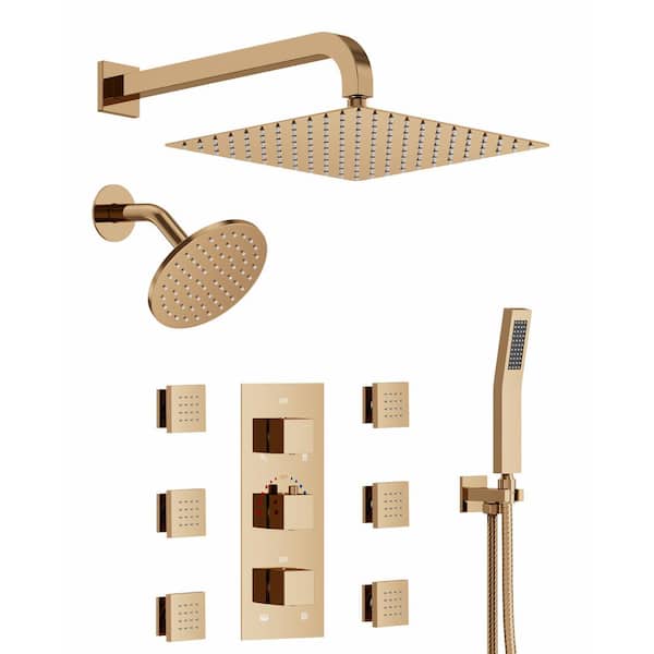 YAWWALK Thermostatic Triple Handles 8-Spray Dual Shower Head Shower Faucet with Body Spray in Rose Gold (Valve Included)